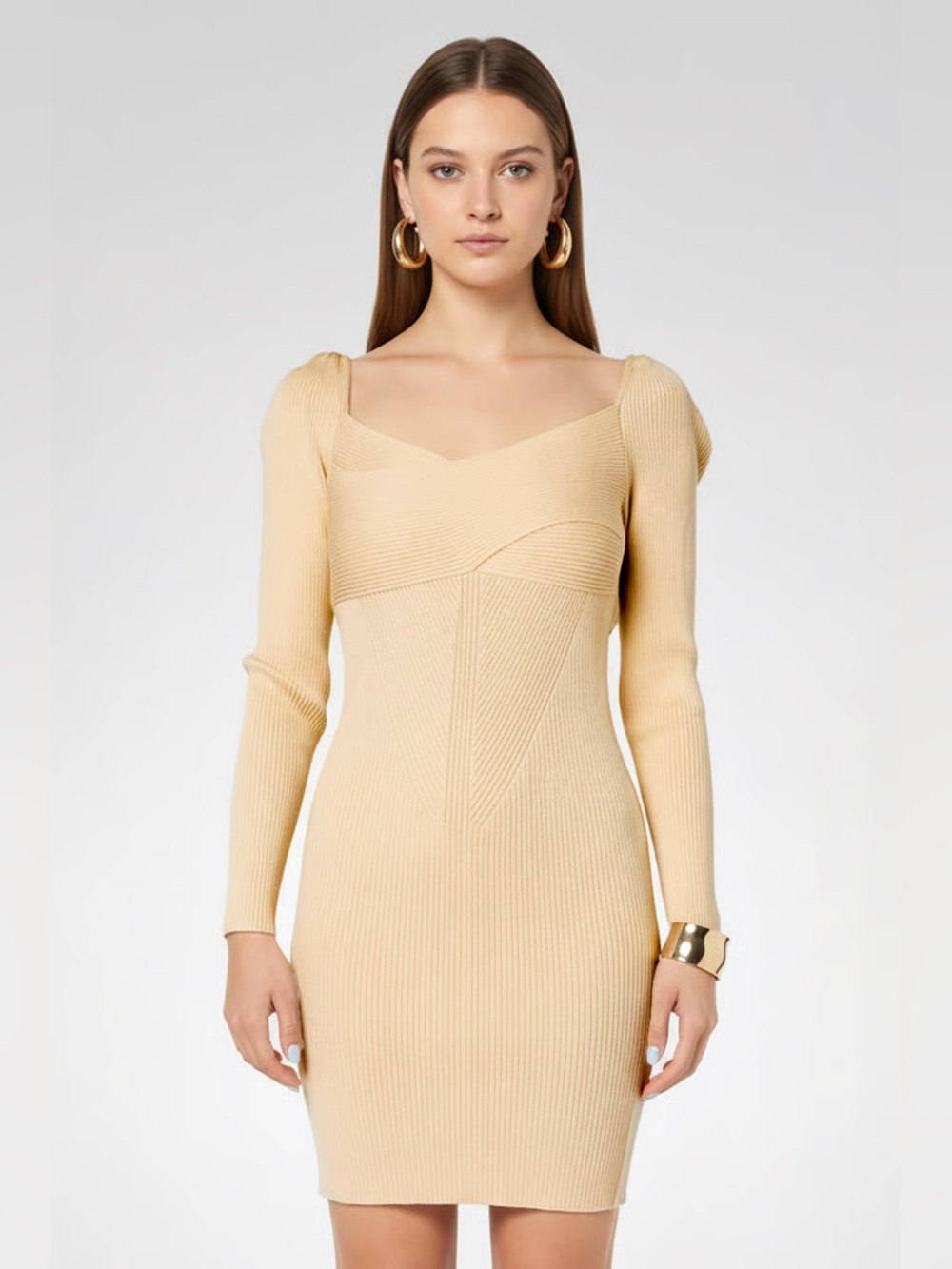 Pinko Beige Ribbed Long-Sleeve Bodycon Dress XS made in Italy